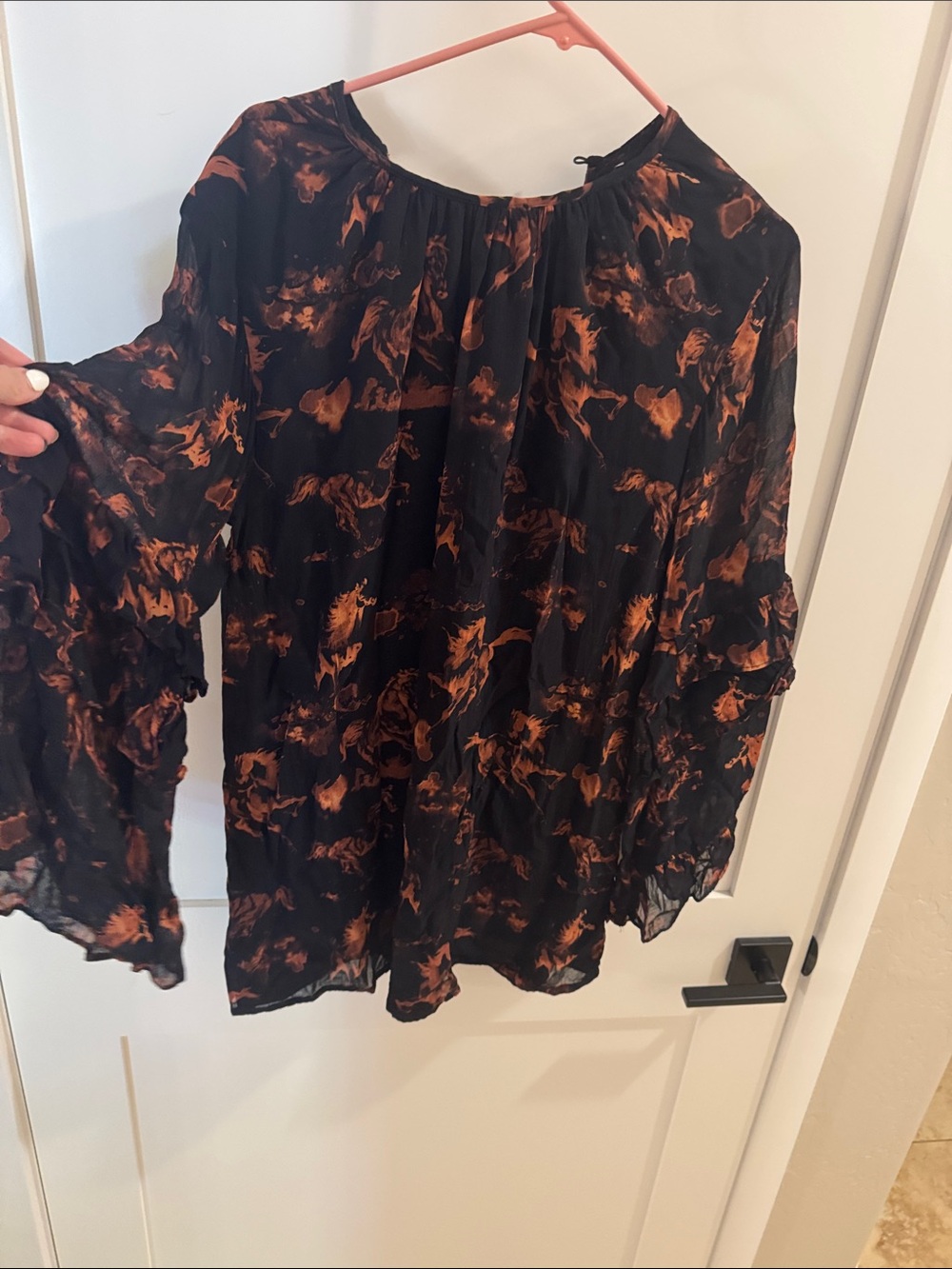 Nasty Gal- Sheer lined Black and rust horse print dress